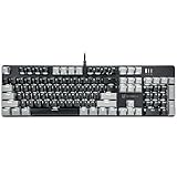 Qisan Mechanische Gaming-Tastatur, kabelgebunden, weiße Tastatur mit Hintergrundbeleuchtung, braune Schalter, volle Größe, 104 Tasten, US-Layout, Grau und Schwarz