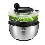SveBake 5,3-Qt Salatschleuder Edelstahl mit Stopptaste, BPA-Freie Gemüse Salatschleudern, Transparenter Deckel und Abflussloch, rutschfeste Unterseite, Spülmaschinenfeste Salad Spinner