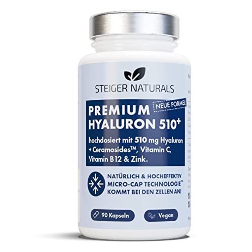 Hyaluronsäure Kapseln – Hochdosiert: 510 mg. 90 Stück (3 Monate). Mit Ceramiden und Vitamin C, B12, Zink. Hyaluron Kapseln mit 500-700 kDa und Vegan