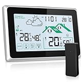 Wetterstation Funk mit Außensensor, Funkwetterstation für Temperatur und Feuchtigkeitsüberwachung Innen/Außen mit Wettervorhersage, Thermometer, DCF Funkuhr und LCD Touchscreen