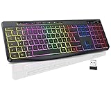 TECURS Tastatur Kabellose Gaming - Leise Tastatur QWERTZ Beleuchtet Ergonomisch Wasserdicht, 2.4Ghz Led Keyboard für Windows/Mac /PS4/ Xbox mit Multimedia-Tasten Schwarz