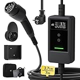 dé Ladekabel Elektroauto Typ 2 Schuko 3,7kW [7m, 6-16A] EV Charger Mit Kabelhalter und digitalem LCD - EV Ladegerät für e Auto Model 3/Y, ID.3/4/5, MG4, Q4, GLA, Zoe und Anderen PHEV/EV