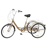CHERIPOLI 24 Zoll 6-Gang Dreirad für Erwachsene,erwachsenendreirad, Adult Fahrrad, Senioren-Dreirad mit Korb und Licht, 3 Rad großem Shopping und Ausflug (Gold)