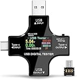 USB-Leistungsmesser, Upgrade, multifunktional, 2-in-1 Typ C USB-Tester, LCD-Digitalmultimeter, Spannung, Strom, Leistungskapazität, Temperatur, Arbeitszeit-Detektor (Packung mit OTG-Adapter)