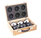 Engelhart - 010208 - Luxus-Holz-Pétanque-Koffer - Naturholz - 74 mm - 6 Boules (3 graue, 3 Schwarze), Holz-Cochonnet, Maßband - 2 Spieler - Ab 6 Jahren - Komplettes Pétanque-Spiel
