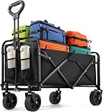 Bollerwagen Faltbar, 100L 75KG Belastbar Bollerwagen, 360° Geländeräder, 70 x 43 x 72cm Faltwagen Strandwagen mit 2 Getränkehalter 10cm Reifen für Camping Strand Einkaufen (Schwarz)