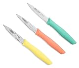 Arcos Messer Set - 3-teiliges Schälmesser-Set mit Edelstahlklingen und ergonomischem Griff aus Polypropylen. Farbenfrohe Küchenmesser für Obst- und Gemüseschälen. Nova-Serie in Orange, Gelb und Blau.