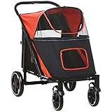 PawHut Hundewagen, Hundebuggy mit Kissen, faltbarer Hundetrolley, Katzenbuggy für große und mittelgroße Hunde, Hundetrolley mit Netzfenster, Sicherheitsleinen, Tasche, Oxfordstoff, Rot