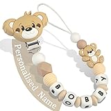 Yolnkos Schnullerkette mit Namen Jungen Mädchen Personalisiert Schnullerclip Teddy Bär(Braun)