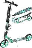RAVEN Scooter Roller Tretroller Kickscooter für Kinder Erwachsene |klappbar | höhenverstellbar | Tragegurt | Klingel | Flaschenhalter (Straight Black/Mint mit Handbremse, 200mm)