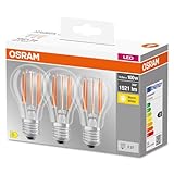 OSRAM LED-Lampe, Sockel: E27, Warm weiß, 2700 K, 11 W, Ersatz für 100-W-Glühbirne, klar, LED BASE CLASSIC A, 3er-Pack