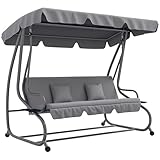Outsunny Hollywoodschaukel mit Liegefunktion, 3-Sitzer Gartenschaukel mit Verstellbarem Dach, Beistelltisch, wasserabweisender Schaukelbank belastbar bis 340kg, für Garten, 200x120x164cm, Hellgrau