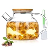 1L Teekanne Glas mit Holzdeckel,Teekanne mit Siebeinsatz,Hitzebeständige Hochborosilikat-Teekanne mit Herausnehmbarem Filter,Elegantes und Modernes Teekannendesign für Tee, Blumentee und Saft