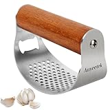 Auyeetek Knoblauchpresse Edelstahl Wippe Spülmaschinenfest Premium Griff aus Holz Knoblauchwippe Garlic Crusher Knoblauch Presse Testsieger Knoblauchschneider 10 * 5.1cm Groß Verdickt