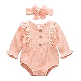 Body für Neugeborene, Mädchen, Strampler aus Spitze, Baumwolle und Leinen, langärmlig, Overall mit Knöpfen, Outfit für Neugeborene, Mädchen, 0 – 24 Monate, Bluse + Haarband mit Schleife, Rosa, 18-24