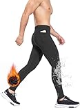 BALEAF Herren Winter Kompressionshose Lang Wasserabweisend Thermo Laufhose Lauftights Sporthose mit Reißverschlusstasche Schwarz M