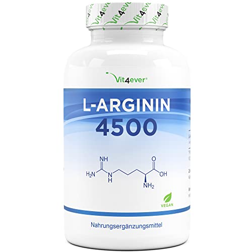 L-Arginin - 365 vegane Kapseln - Premium: 4500 mg 100% reines L-Arginin pro Tagesdosis - Hergestellt durch pflanzliche Fermenation - Laborgeprüft - Hochdosiert - Vegan
