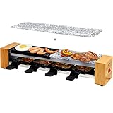 Syntrox Germany RAC-600W Corippo Raclette mit antihaftbeschichteter Grillplatte und Natursteinplatte (Heißer Stein) für 4 Personen, Holz Design