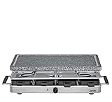 Spring CLASSIC Raclette 8 Personen, Granit-Grillplatte, Heißer Stein mit Saftrille, 8 Raclette Pfännchen, 8 Raclette Schaber, mit Abstellebene, 48 × 27 × 14,5 cm, 1200W, Raclette Grill