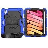 Schutzhülle Kompatibel mit iPad Mini 7 Hülle (A17 Pro) 2024/ Mini 6 8,3″, robuste, stoßfeste TPU-Hülle, Schutzhülle mit Displayschutzfolie, 380° drehbarer Ständer + Handschlaufe + Schultergurt(Blue)