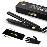 Terviiix Tragbarer Reise-Mini-Haarglätter für kurzes Haar, 1/2 Zoll kleiner Haarglätter, mit Tasche und automatischer Abschaltung, einstellbare Temperatur, Dual Voltage, Turmalin-Keramik, Schwarz