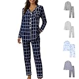 Generisch Schlafanzug Damen Lang Loungewear Mit Karierten Weichem Leichter Schlafanzüge Revers Nachtwäsche Und Pyjamahose 2 Teilig Outfit Elegant Casual Hausanzug Lounge Set Für Zuhause Schlaf
