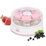 Exquisit Maker YM 3101 WEP | Joghurt selber Machen | Joghurtbereiter | 7 Portionsgläser á 200 ml | Spülmaschinen geeignet | 15 Watt | weiß-pink