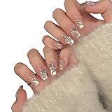 YsRoad Nägel zum Aufkleben– Press On Nails, French Künstliche Nägel 3D, Lange Stiletto-Kunstnägel, Quadrat-, Sarg- und French-Tip-Designs mit Goldenen Blumen-Strasssteinen,Größe S