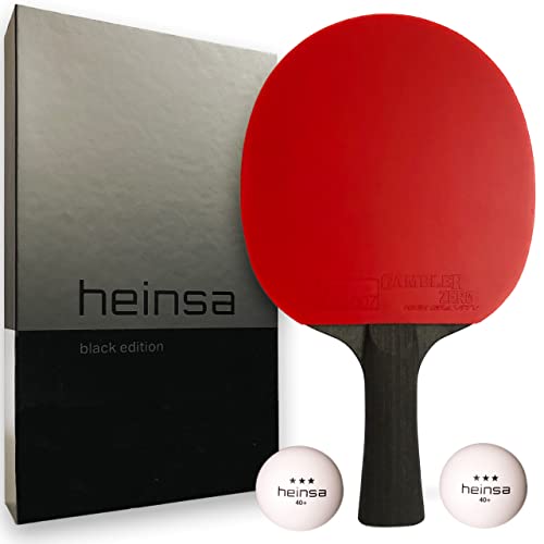 heinsa Carbon Profi Tischtennisschläger ITTF Wettkampf zugelassen Black Edition aus Lichtnussbaum mit Premium Verpackung und Bällen