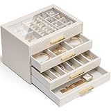 Vlando Schmuckkästchen Groß, Schmuckkasten mit 4 Ebenen, Schmuck Organizer mit Glasdeckel, 4 Schubladen,für Halsketten, Ohrringe, Uhren, Armbänder, Schmuckaufbewahrung, Modern, Cinderella Plus, Weiß