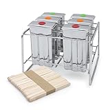Eisformen aus Edelstahl wiederverwendbar inklusive 50 Holz Eisstiele - 6er Set - Popsicle Form mit Metall Ständer für Eis am Stiel - DIY Stieleis Wassereis Förmchen spülmaschinenfest umweltfreundlich