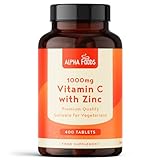 Vitamin C Hochdosiert 1000mg + Zink 15mg | 400 Tabletten für 1+ Jahr | Vegetarian und ohne unnötige Zusatzstoffe | Unterstützung des Immunsystems | Alpha Foods