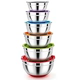 Homikit Rührschüssel Set, Edelstahl Schüssel Salatschüssel 6er Set mit Luftdichtem Deckel & Silikonboden, Stapelbar, Spülmaschinenfest, 4.6 L / 2.8 L / 2.5 L / 1.6 L / 1.2 L / 0.7 L