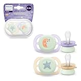 AVENT Ultra Start Schnuller für die Nacht, kiefergerecht geformter Schnuller für Neugeborene, leuchtet im Dunkeln, BPA-frei, mit Sterilisationsbehälter, Doppelpack, Mond,Stern, SCF075/07