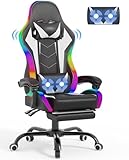 Devoko LED Gaming Stuhl mit Massage, Computerstuhl mit Fußstütze und Massage-Lendenkissen, Racing Gamer Stuhl Ergonomisch mit Verstellbare Kopfstütze, Bürostuhl Gaming Stuhl 130 kg belastbarkeit, Weiß