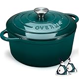 Overmont Bräter emaille Gusseisen Topf - Schmortopf 28cm backofengeeignet - mit Deckel und Kochbuch - für Küche Backen Schmoren Braten Seeblau