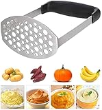 PIQIUQIU Kartoffelstampfer Edelstahl, Kartoffel Stampfer, Gemüsestampfer Kartoffelpürrier Kartoffelpresse für Spülmaschinengeeignet, Kartoffelbrei, Cremiges Kartoffelpüree(Schwarz 12 × 7 × 17 cm)