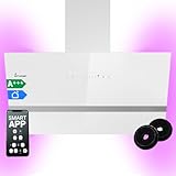 KKT KOLBE Dunstabzugshaube 90 cm | 782 cbm/h Umluft Abluft | Kopffrei | Wandhaube | Weiß Glas | Smart WiFi App WLAN | RGBW-LED-Beleuchtung | EASY9005WM