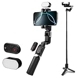 Spigen Gimbal Stabilisator [Gesichtserkennung] mit Selfie Stick und Stativ, LED Licht, vertikal und horizontal drehbar, Gimbal Smartphone kompatibel mit iPhone, Samsung, Smartphones