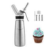 Lospitch Sahnespender Sahnesyphon Edelstahl, 0,5 L Schlagsahnebereiter mit 3 Edelstahl Deko-Düsen und 1 Reinigungbürste, Profi Schlagsahne Dispenser für Desserts Gebäck Sahne, Soßen und mehr