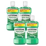 LISTERINE Fresh Mint (4 x 750 ml), antibakterielle Mundspülung mit ätherischen Ölen für einen frischen Atem, Mundwasser reduziert wirksam Zahnbelag und Mundgeruch