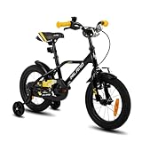 HILAND 14 Zoll Kinderfahrrad für Jungen 3 4 5 Jahre mit Stützrädern, Handbremse und Rücktrittbremse Schwarz/Orange