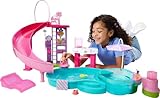 Barbie Traumpool Spielset mit sechs Spielbereichen, einschließlich Rutsche und schäumendem Whirlpool sowie über 20 Zubehörteilen wie Haustier, Schwimmringe und mehr, JKG83