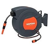 GRIFEMA G301-15, Schlauchtrommel zur Wandmontage, Schlauchbox mit 15m Schlauch, Wandschlauch-Aufroller mit 180° Drehung, Automatische Aufrollung mit verstellbarer Düse