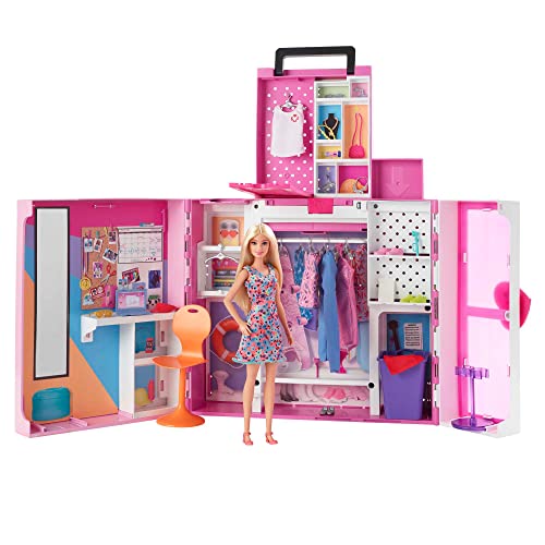 Barbie HGX57 - Traum-Kleiderschrank mit Puppe (blond), Kleidung und diversen Zubehör-Teilen für tolle Looks, tragbares Spielzeug für Kinder ab 3 Jahren