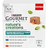 GOURMET Nature's Creations, Katze, Musselin, Herz in Sauce, Huhn-Karotten, Rindfleisch, Tomaten, Ozeanfisch, Spinat, Panake-Dorsch, 8 x 85 g