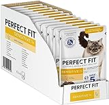 Perfect Fit Sensitive 1+ Katzennassfutter mit Huhn in Sauce, 12 Portionsbeutel, 12x85g – Premium Katzenfutter nass, für sensible Katzen ab 1 Jahr, ohne Weizen & Soja, zur Unterstützung der Verdauung