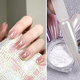 Pearl White Chrome Nagelpulver hat Spiegeleffekt und Aurora Magic Perlglanz-weißes Pigmentpulver für Nägel, Hochglanz, weißes Glas, Spiegel, Chrom, Nagelpulver, holografisches Eis, Aurora, Chrompulver