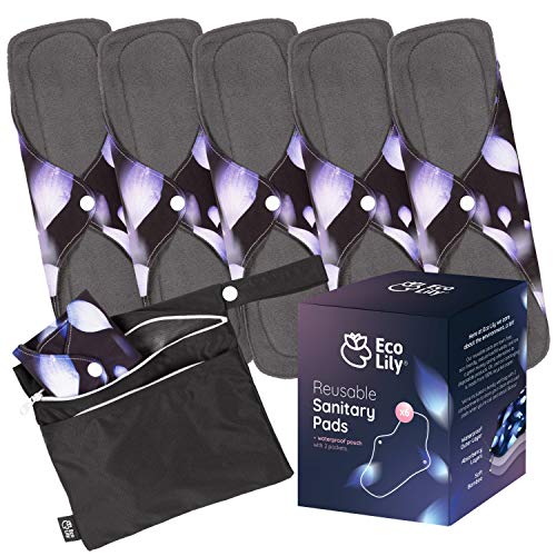 Eco Lily 6er Pack wiederverwendbare Damenbinden mit Bambuskohle | waschbare, saugfähige Menstruationsbinden für starke Perioden |Stoffbinden |Bonus-Aufbewahrungsbeutel |6 Pk Heavy Flow