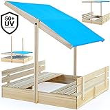 Deuba® Sandkasten mit Dach + Sitzbänke 120x120 cm Holz Natur Sonnenschutz UV 50+ Sandbox Sandkiste Kinder Spielhaus Sandspielzeug